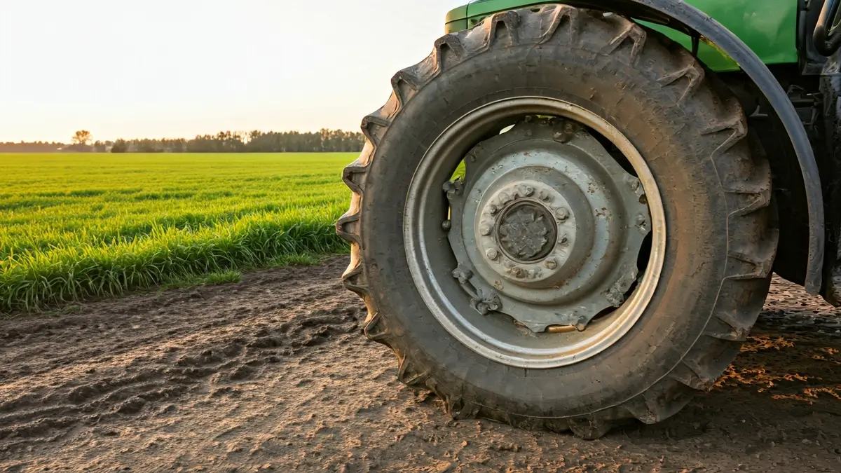 Imaxe dunha roda de tractor atrapada nun camiño rural.
