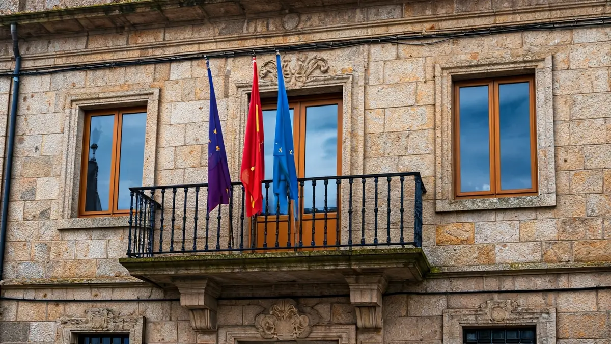 Fachada del ayuntamiento de Arbo durante la Fiesta de la Lamprea.
