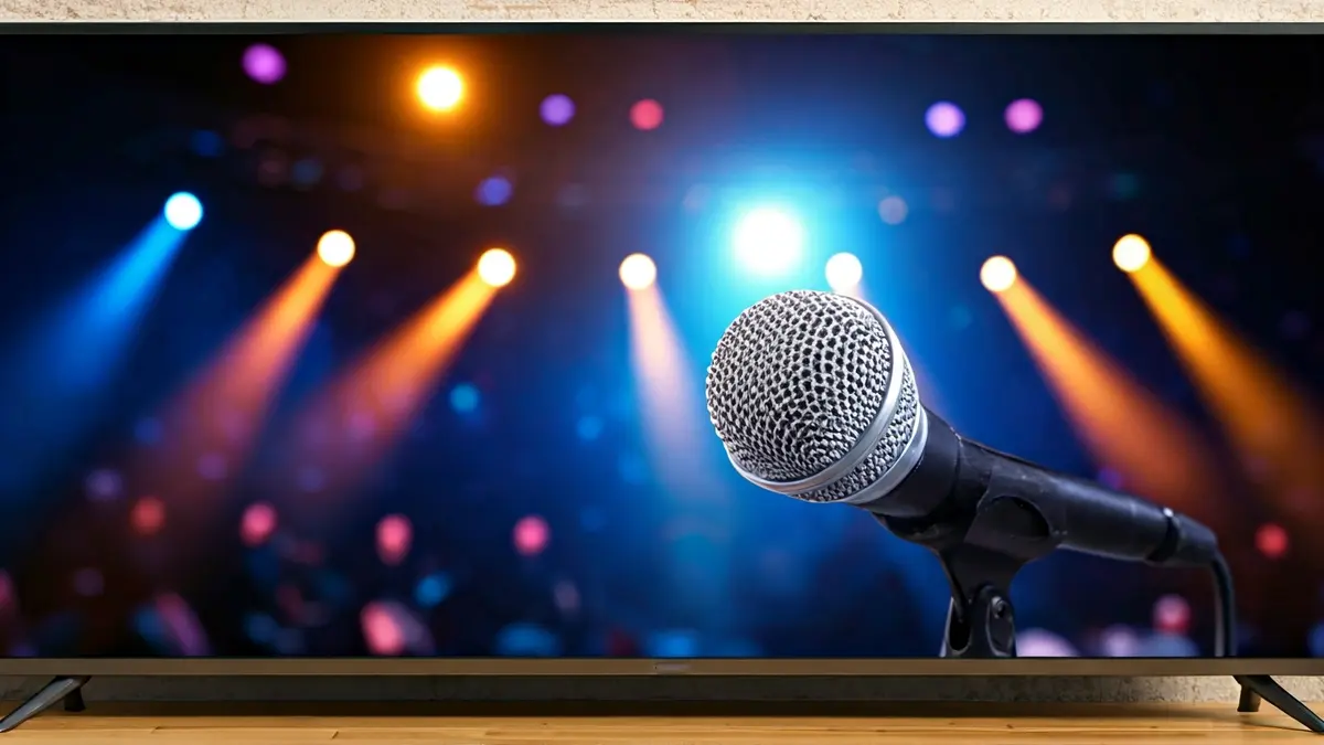 Imagen genérica de un escenario de programa de televisión con focos y micrófono.