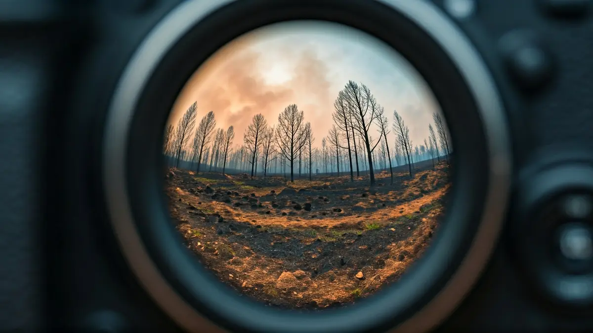 Imaxe dunha lente de cámara reflectindo unha paisaxe queimada, simbolizando o traballo fotográfico sobre os incendios.