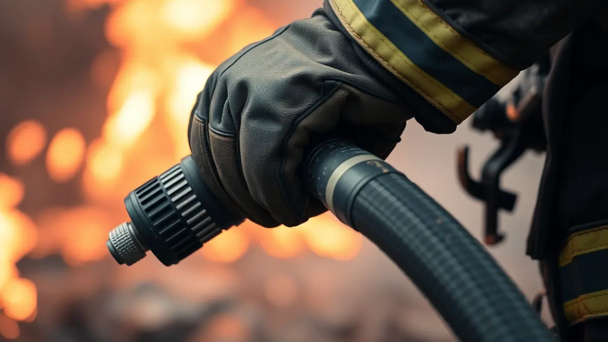 Imaxe xenérica dunhas mans de bombeiro forestal sostendo unha mangueira, con lume e fume ao fondo.
