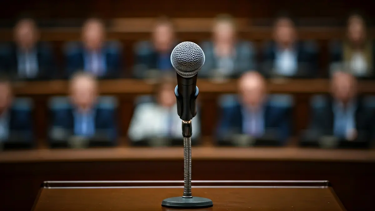 Imaxe xenérica dun micrófono nun podio durante un debate parlamentario.