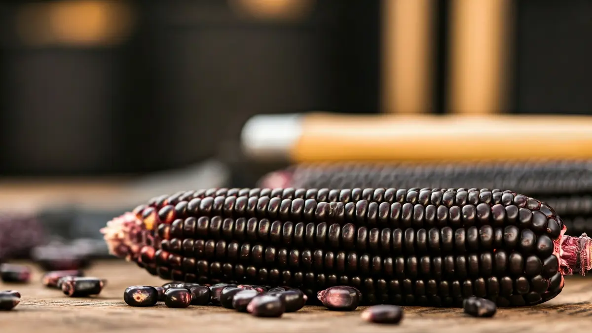Imagen de maíz morado sobre una mesa de madera, con herramientas agrícolas tradicionales al fondo.