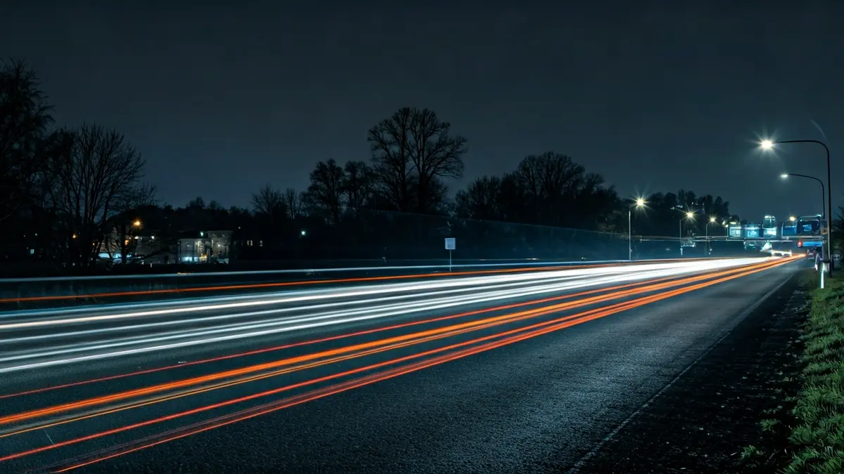 Imaxe xenérica dunha estrada de noite con luces de vehículos borrosas.