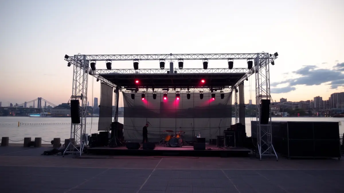 Imagen de un escenario de concierto vacío con luces y equipos de sonido, en un espacio exterior cerca del agua, con luces de la ciudad al fondo al anochecer.