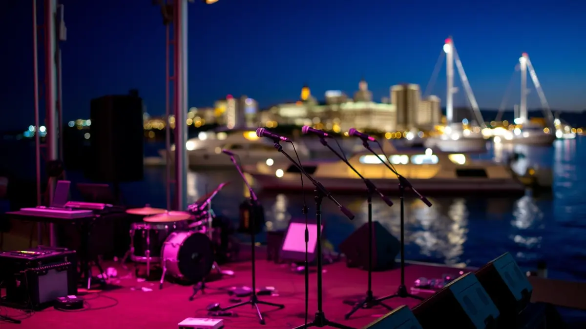 Escenario de concerto nun porto pola noite, con luces da cidade ao fondo.