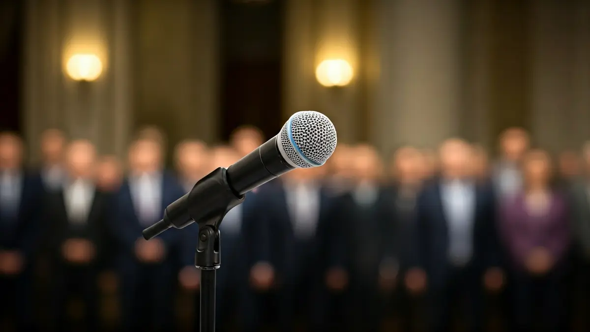Imaxe xenérica dun micrófono nun atril, simbolizando unha rolda de prensa ou declaración pública.