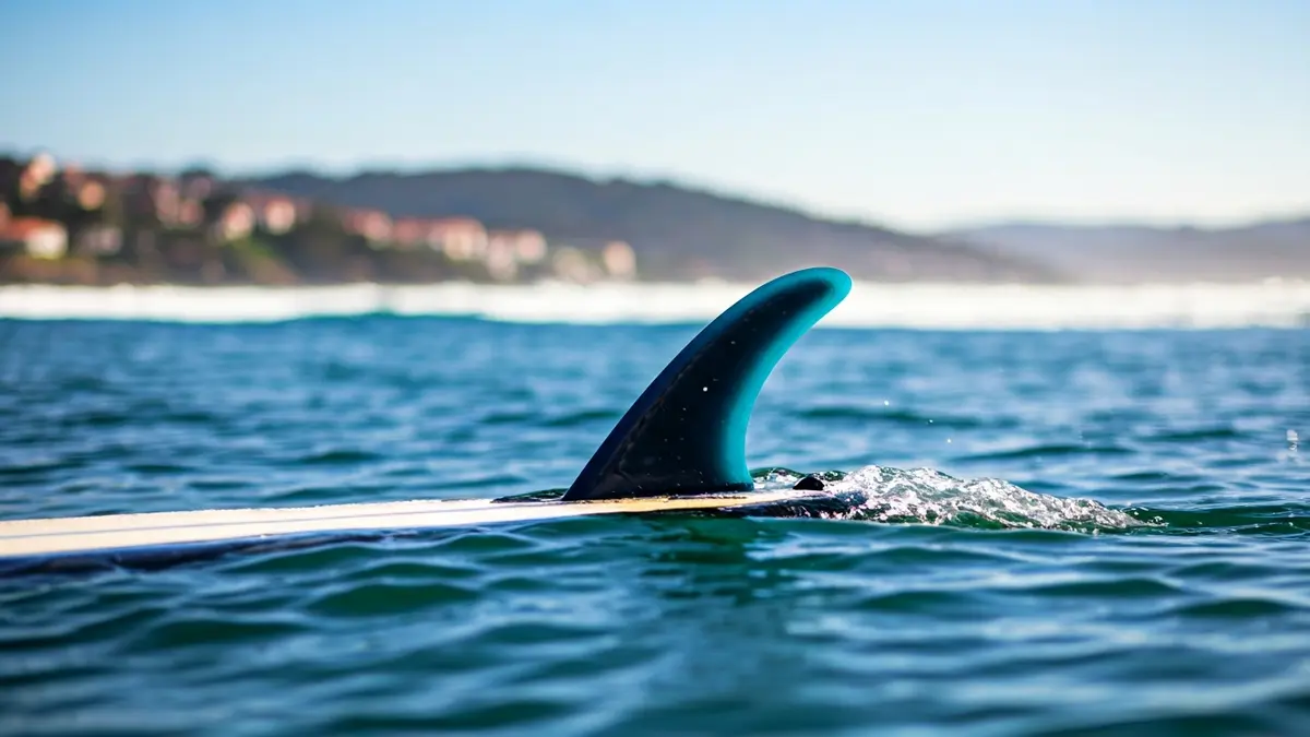 Imaxe xenérica dunha aleta de táboa de surf cortando unha onda no mar.