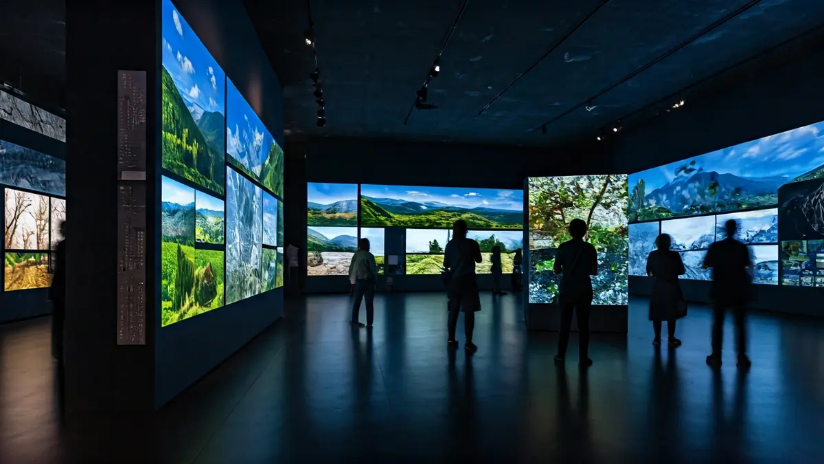 Imaxe dun espazo museístico moderno con pantallas interactivas.