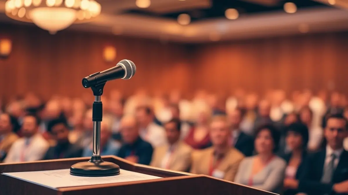 Imagen genérica de un micrófono en un atril, simbolizando un acto público o presentación.