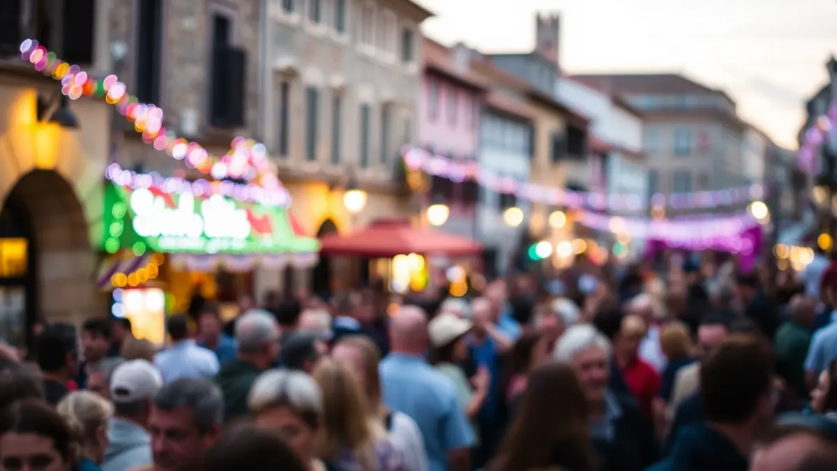 Imaxe dunha rúa animada durante unha festa en Galicia, con xente e luces de cores.