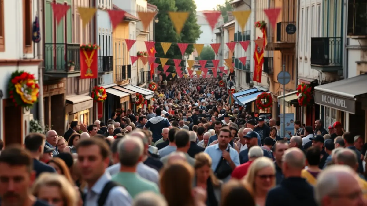 Imaxe dunha festa popular en Galicia con multitude e ambiente festivo.