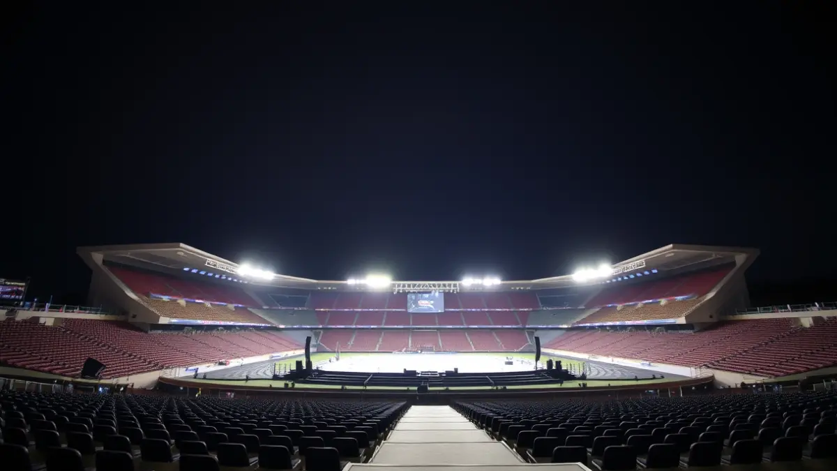 Imaxe do estadio Abanca Riazor baleiro cun escenario de concerto iluminado.