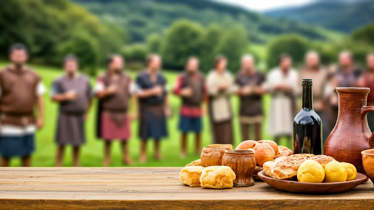 Imagen de una recreación histórica castreño-romana con personas caracterizadas y comida tradicional.