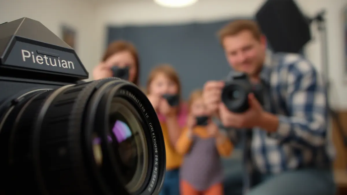 Imaxe dunha cámara de fotos antiga, con fondo borroso dunha familia nun estudo.