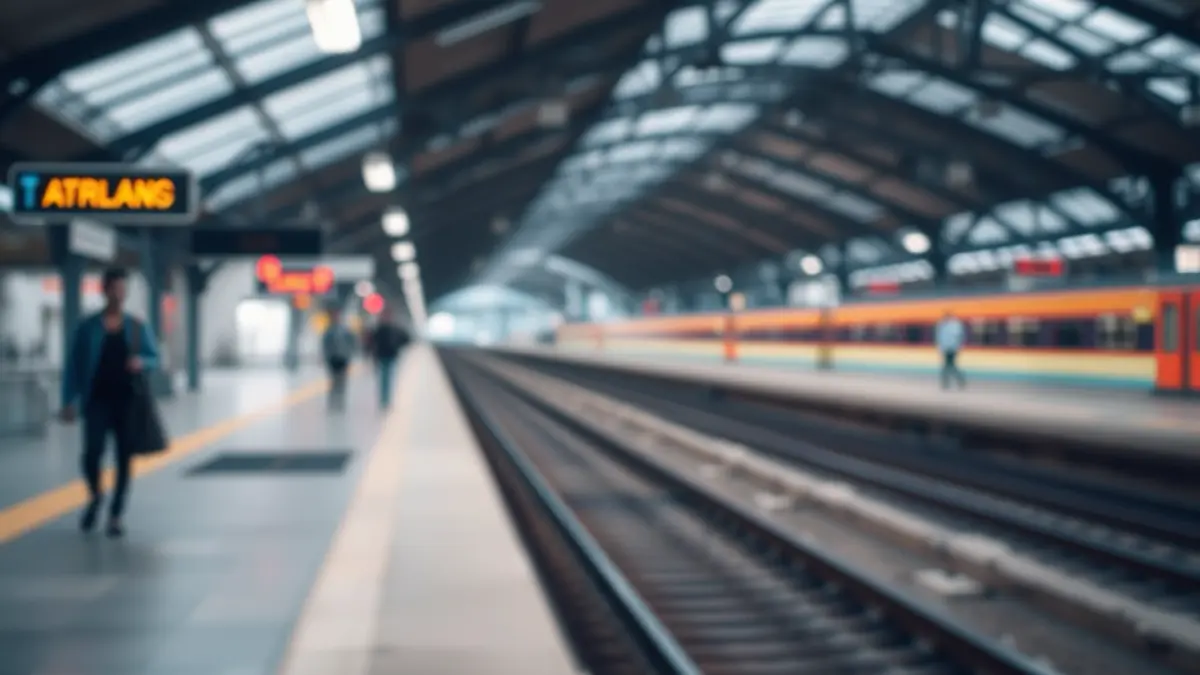 Imaxe xenérica dunha plataforma de estación de tren baleira, con vías e estrutura superior.