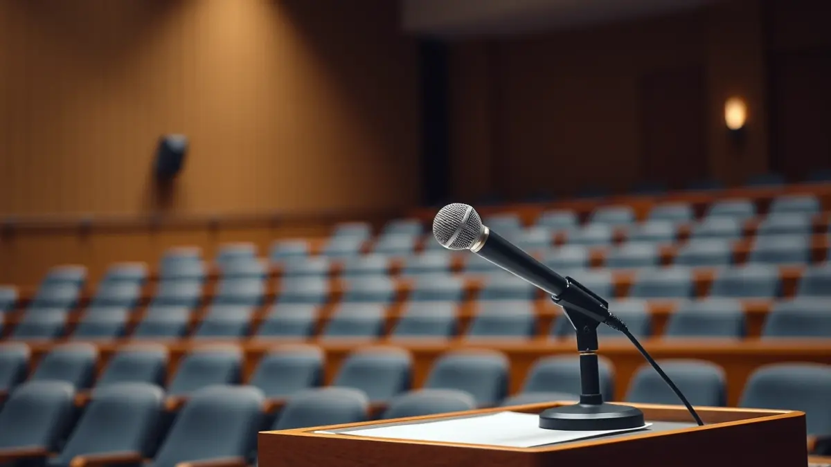 Imagen genérica de un micrófono en un atril en una sala de conferencias universitaria.
