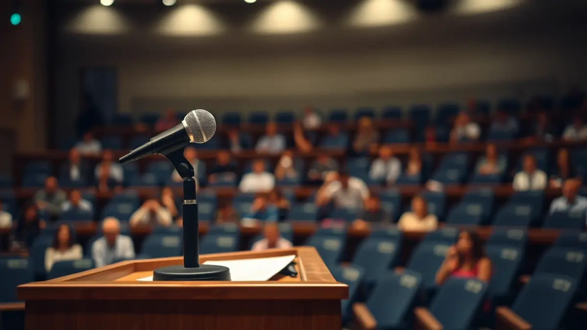 Imaxe xenérica dun micrófono nun atril nunha aula universitaria.