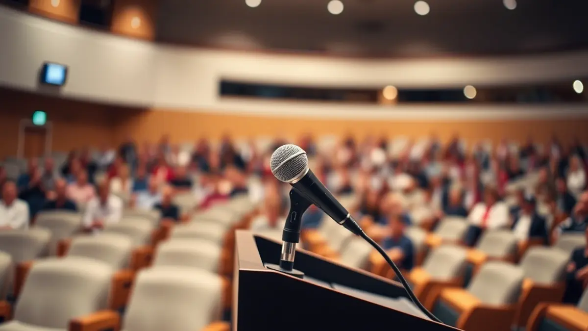 Imaxe xenérica dun micrófono nun atril nunha sala de conferencias universitaria.