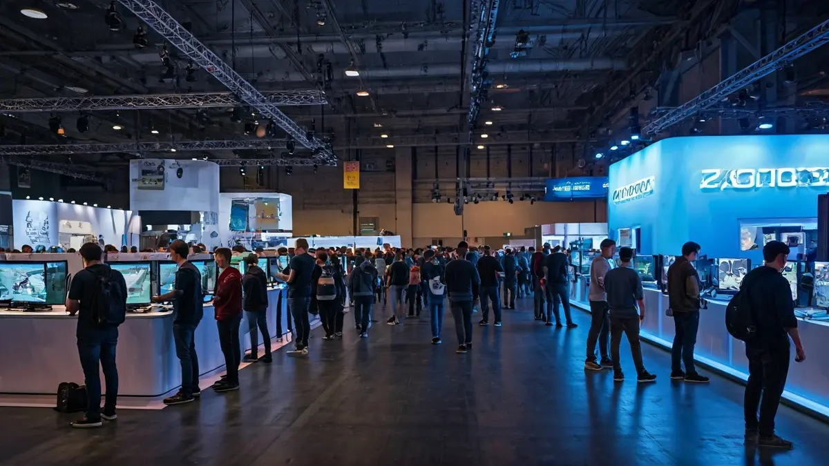 Imaxe xenérica dunha feira de videoxogos con xente interactuando con pantallas.