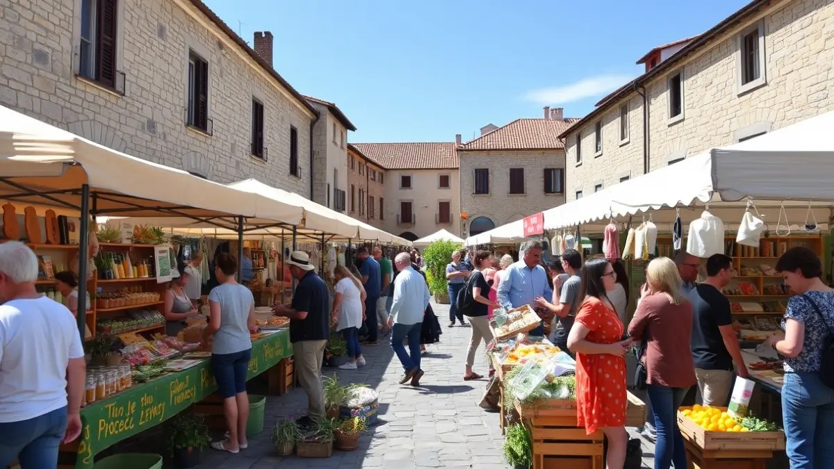Imagen de una feria al aire libre con puestos de productos naturales y ecológicos.