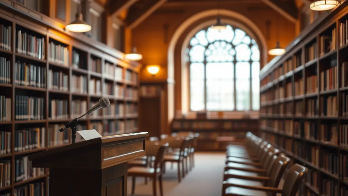 Imaxe xenérica dunha sala de conferencias ou biblioteca.