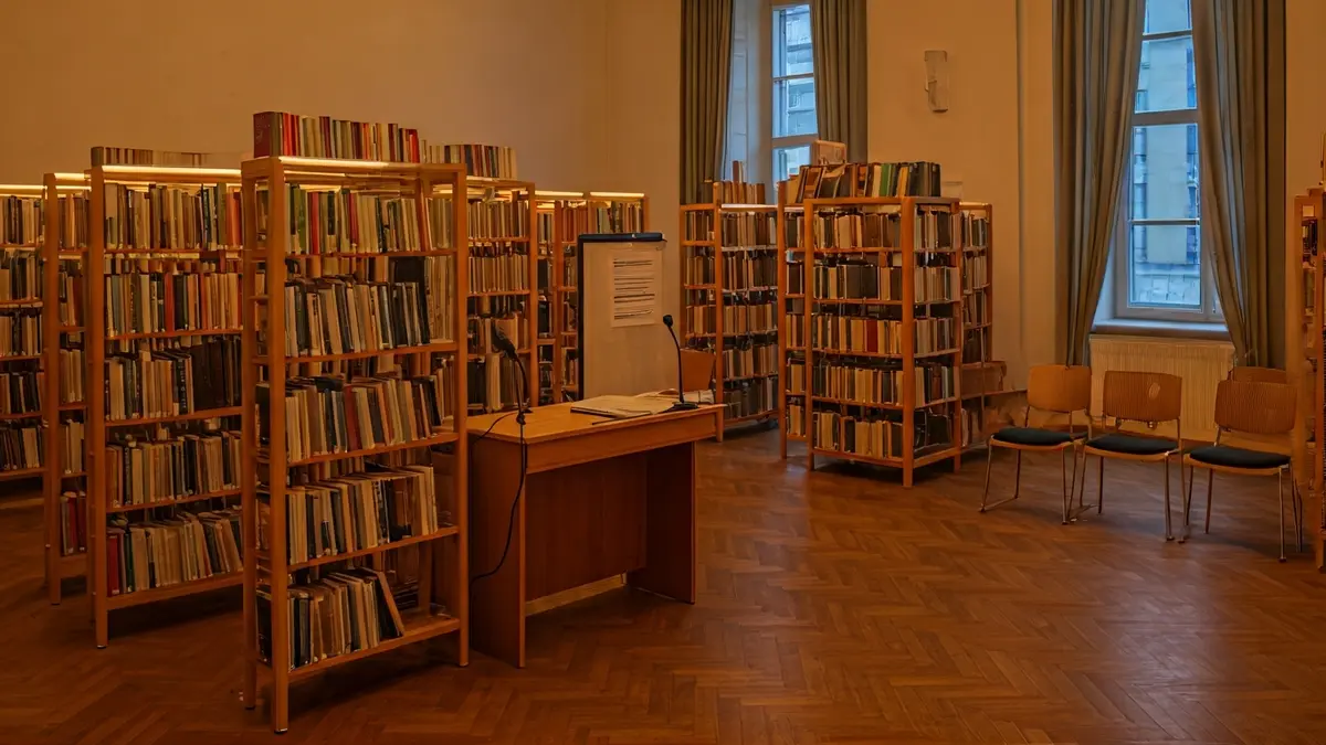 Imaxe xenérica dunha sala de conferencias ou biblioteca, con micrófono e cadeiras baleiras.