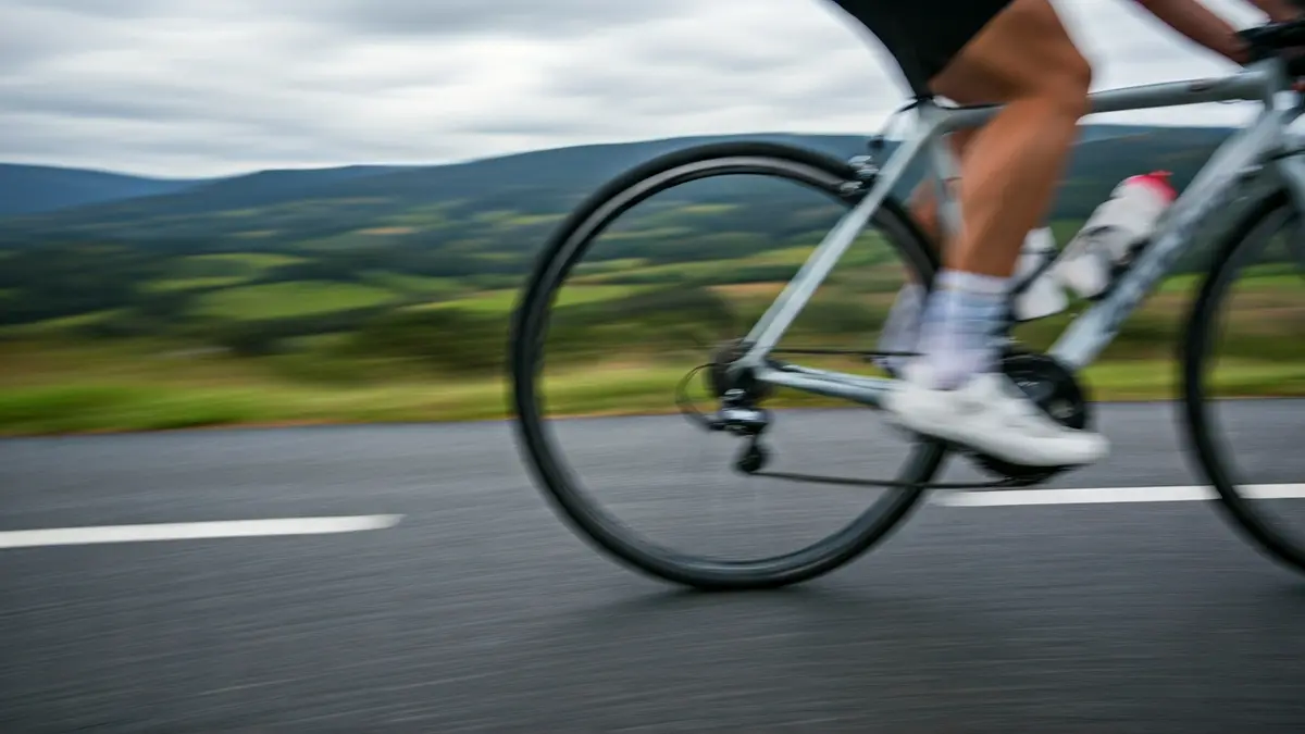 Imaxe xenérica dun ciclista en plena carreira, coas pernas en movemento e un fondo borroso de paisaxe galega.