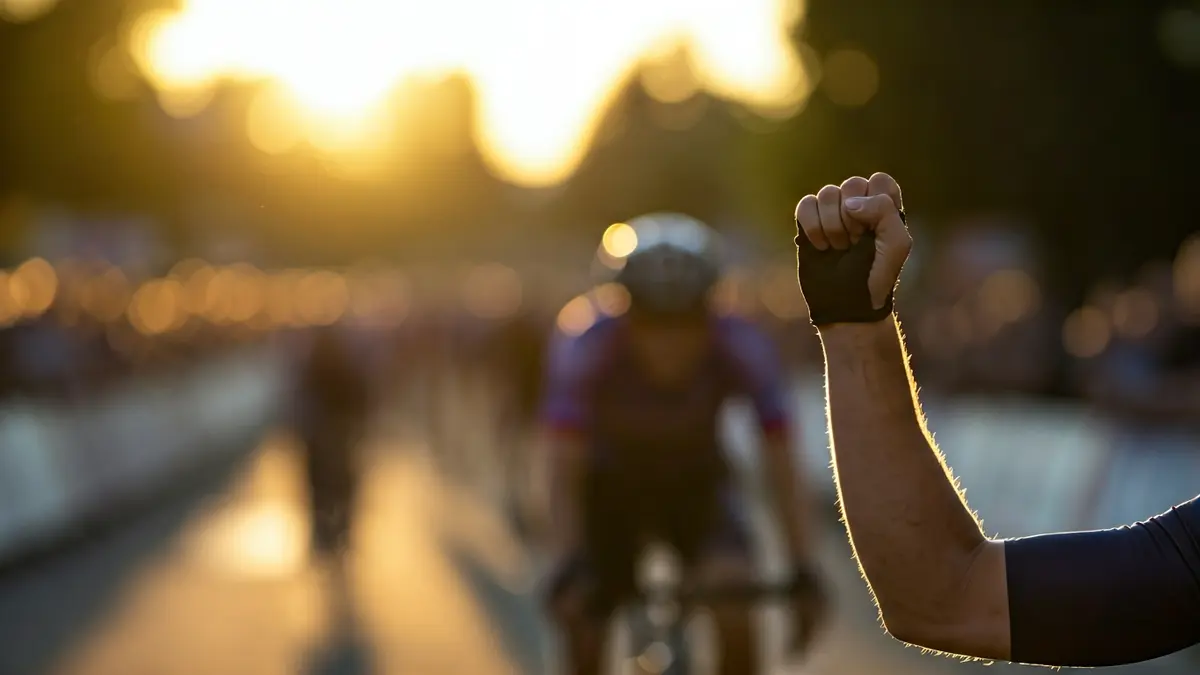 Imagen de un ciclista levantando el puño en señal de victoria, con el fondo de una carrera borroso.