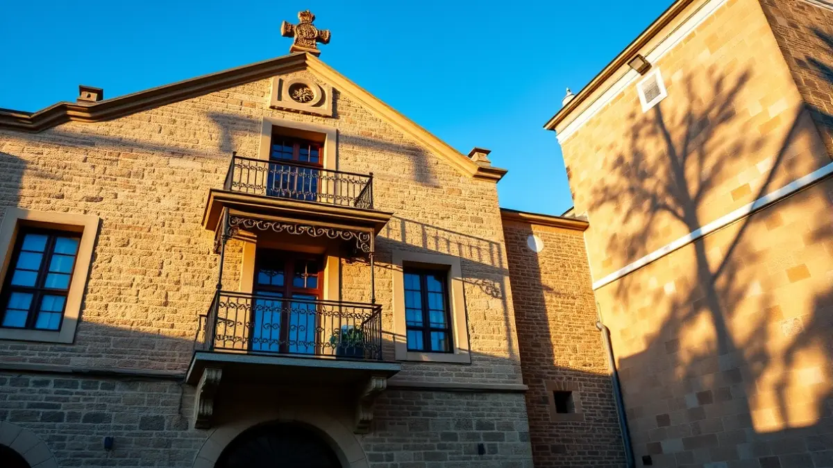 Fachada do concello de Lugo, con balcón e varandas de ferro, baixo a luz do sol da tarde.