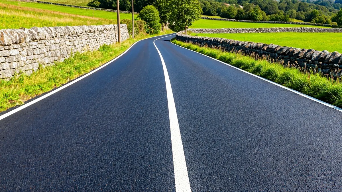 Imaxe xenérica dunha estrada rural mellorada en Galicia, con asfalto novo e cunetas limpas.