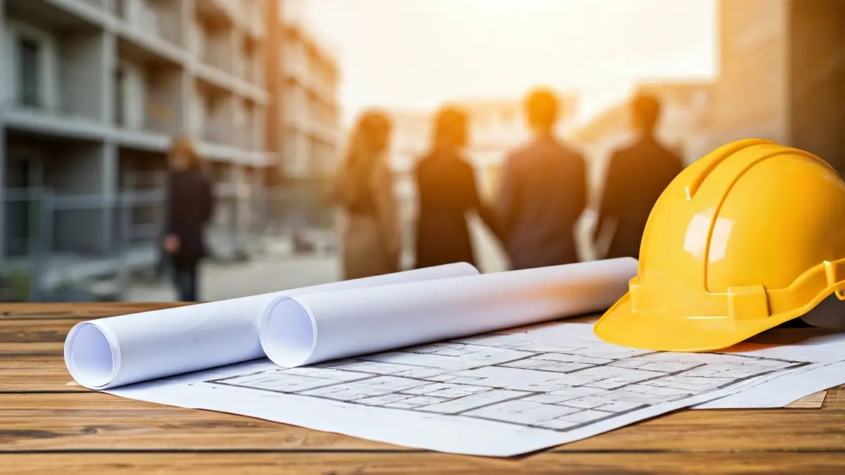 Imaxe xenérica de planos arquitectónicos e un casco de construción, simbolizando o desenvolvemento urbano.