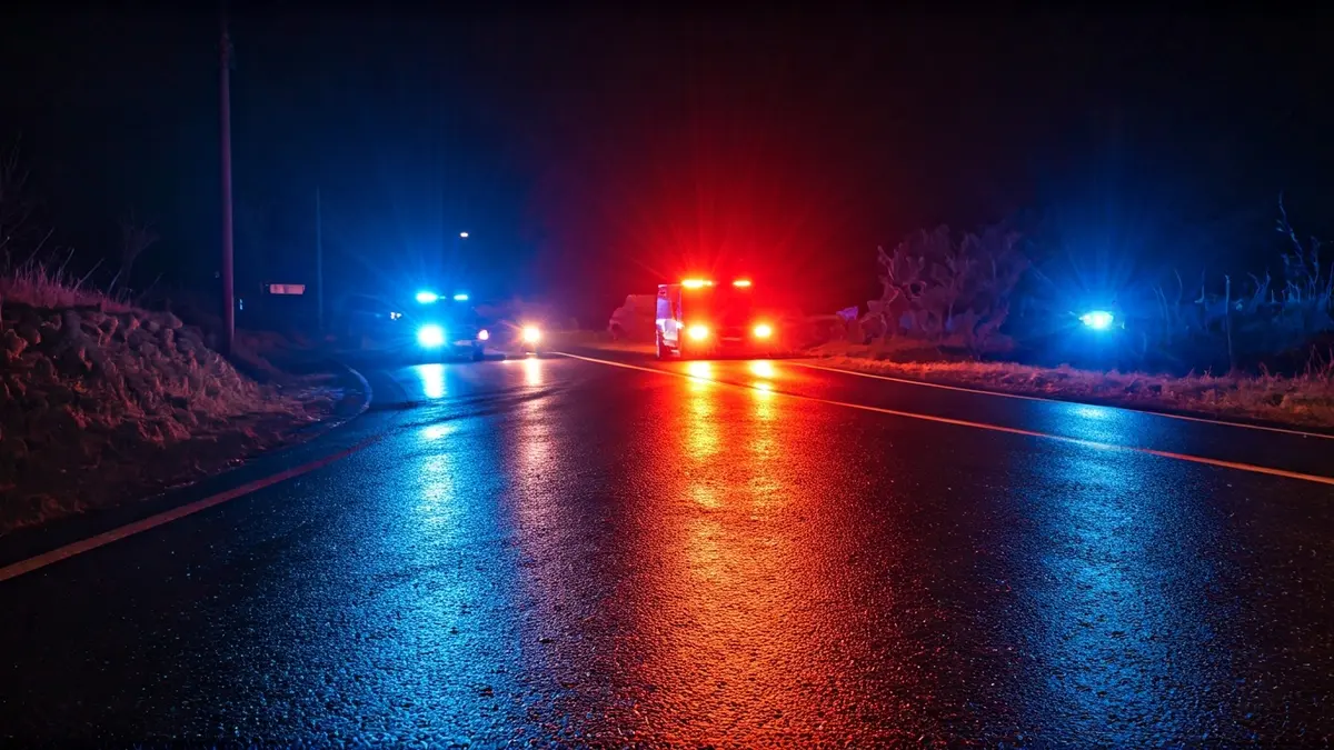 Imaxe xenérica de luces de emerxencia reflectíndose sobre asfalto mollado pola noite, suxerindo unha operación policial.