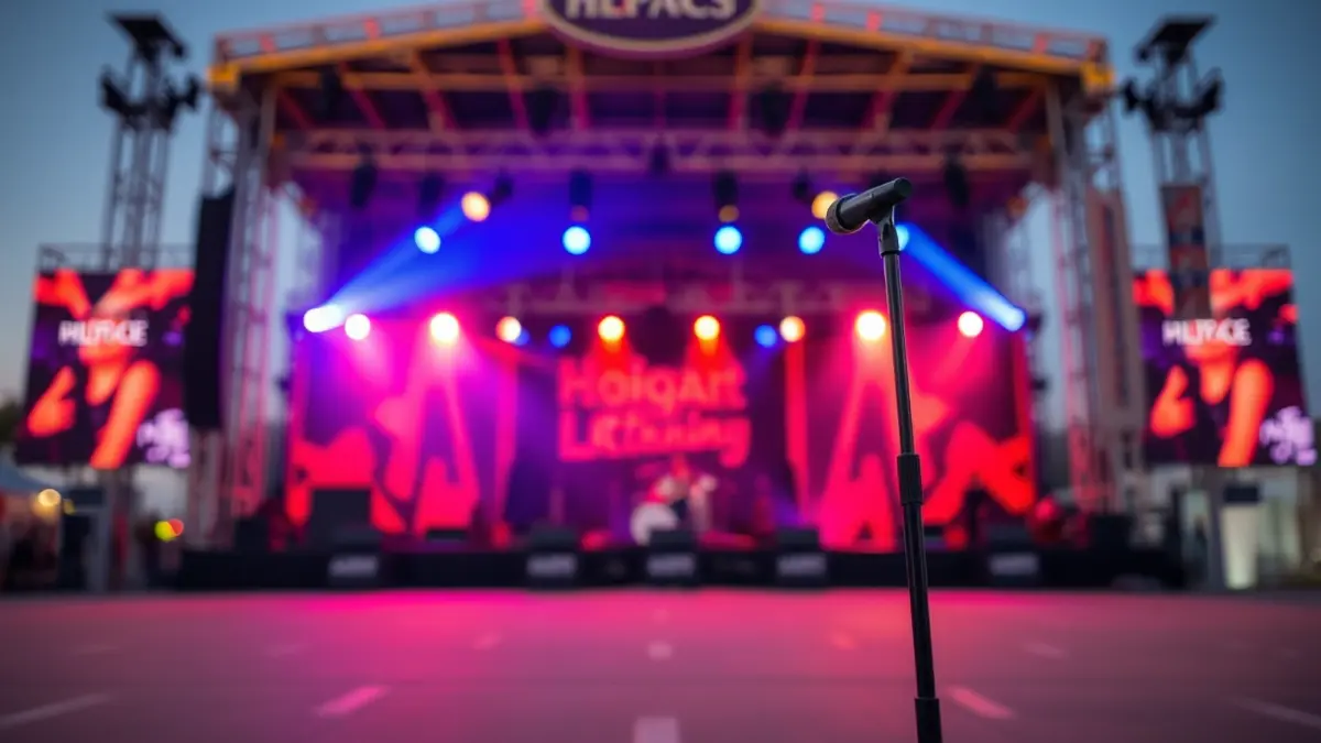 Imaxe xenérica dun escenario de concerto baleiro nunha praza.