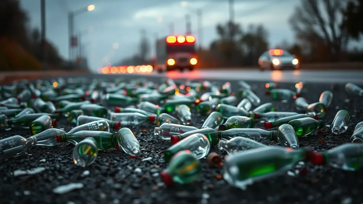Cen botellas de cristal rotas espalladas por unha estrada mollada, con luces de emerxencia ao fondo.