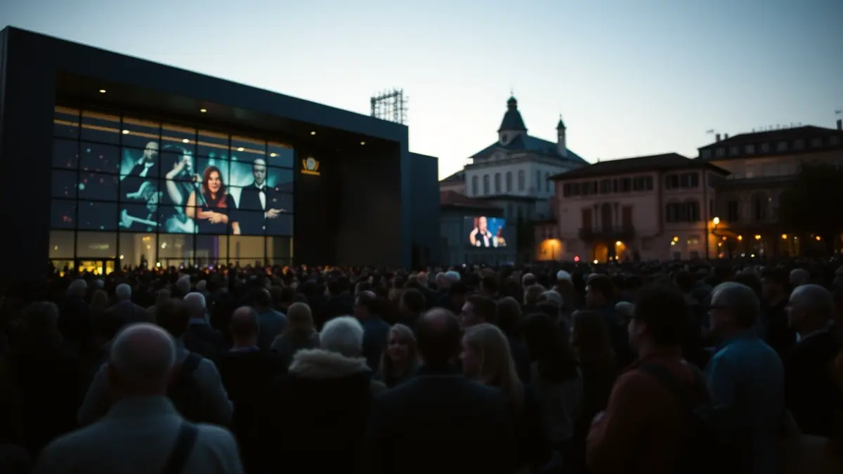 Cientos de personas esperando en la cola para un concierto en un recinto moderno.