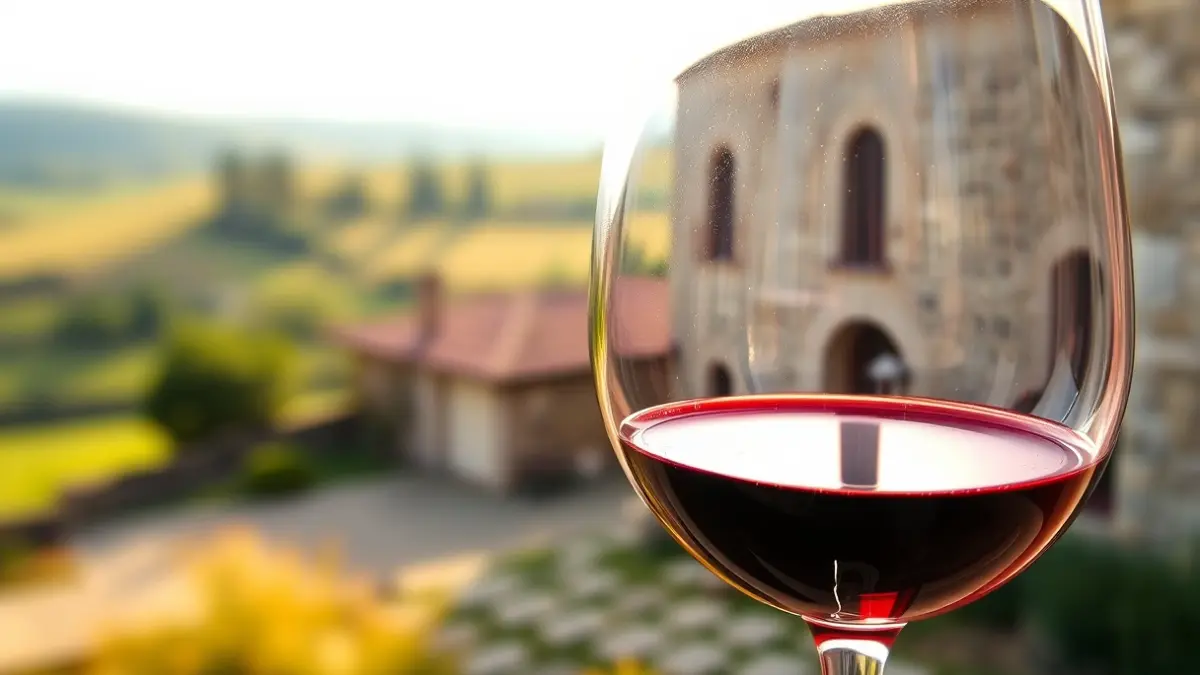 Copa de viño tinto caseiro nun ambiente rural galego.