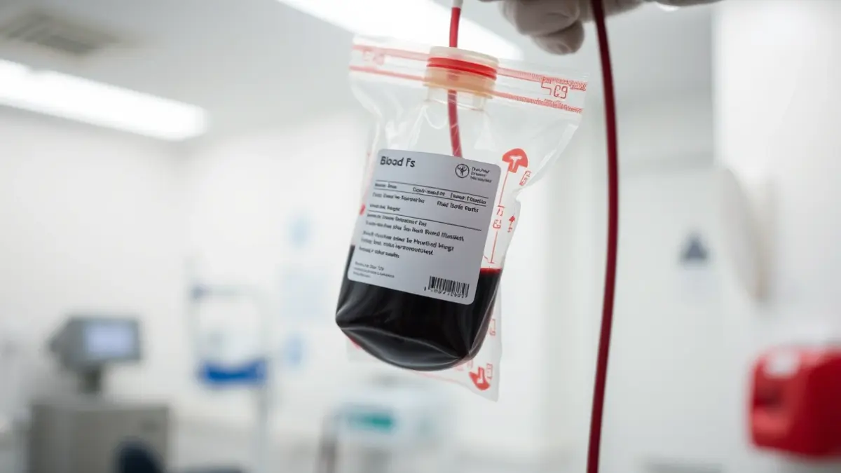 Imaxe xenérica dunha bolsa de sangue sendo enchida durante unha doazón.