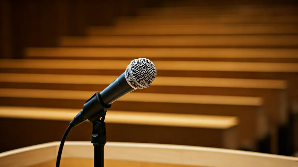 Imaxe xenérica dun micrófono nun atril, simbolizando un acto de presentación ou campaña.