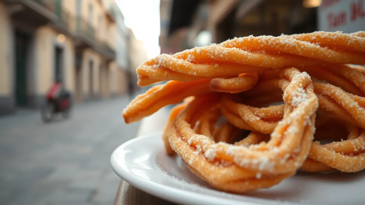 Imaxe de churros acabados de facer nun prato branco.