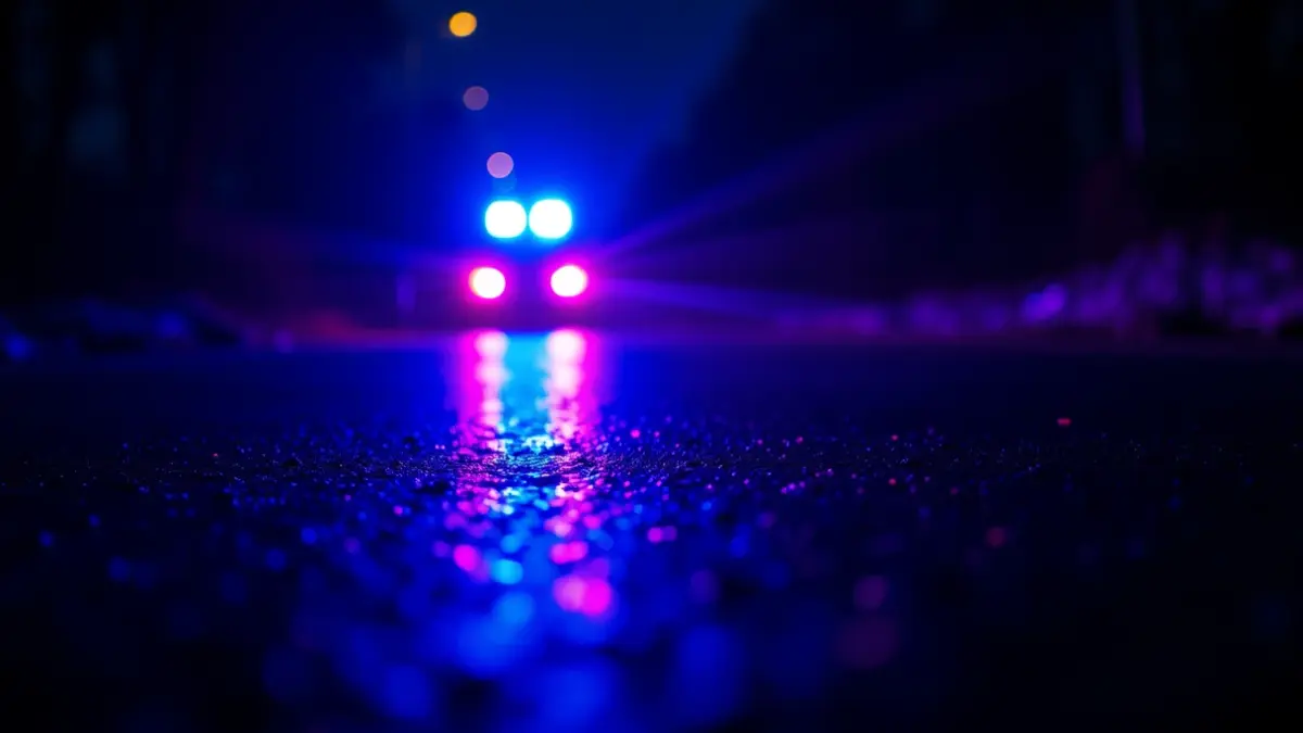 Imaxe xenérica de luces de emerxencia reflectíndose sobre asfalto mollado nunha contorna rural galega.