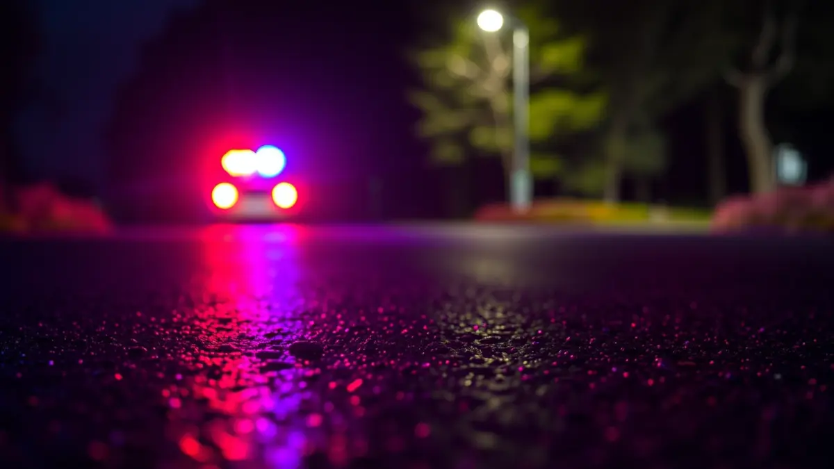 Imaxe xenérica de luces de emerxencia reflectíndose sobre asfalto mollado.