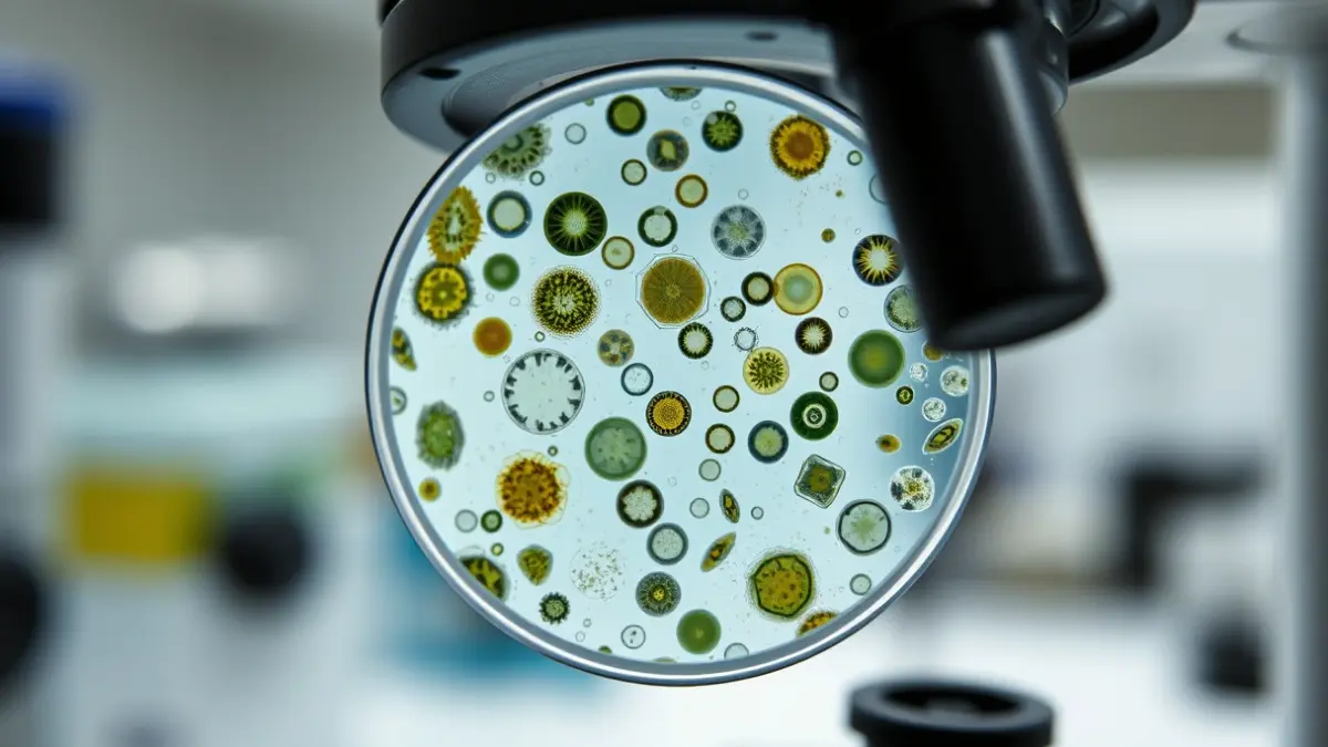 Imagen genérica de fitoplancton bajo un microscopio, con equipo de laboratorio de fondo.