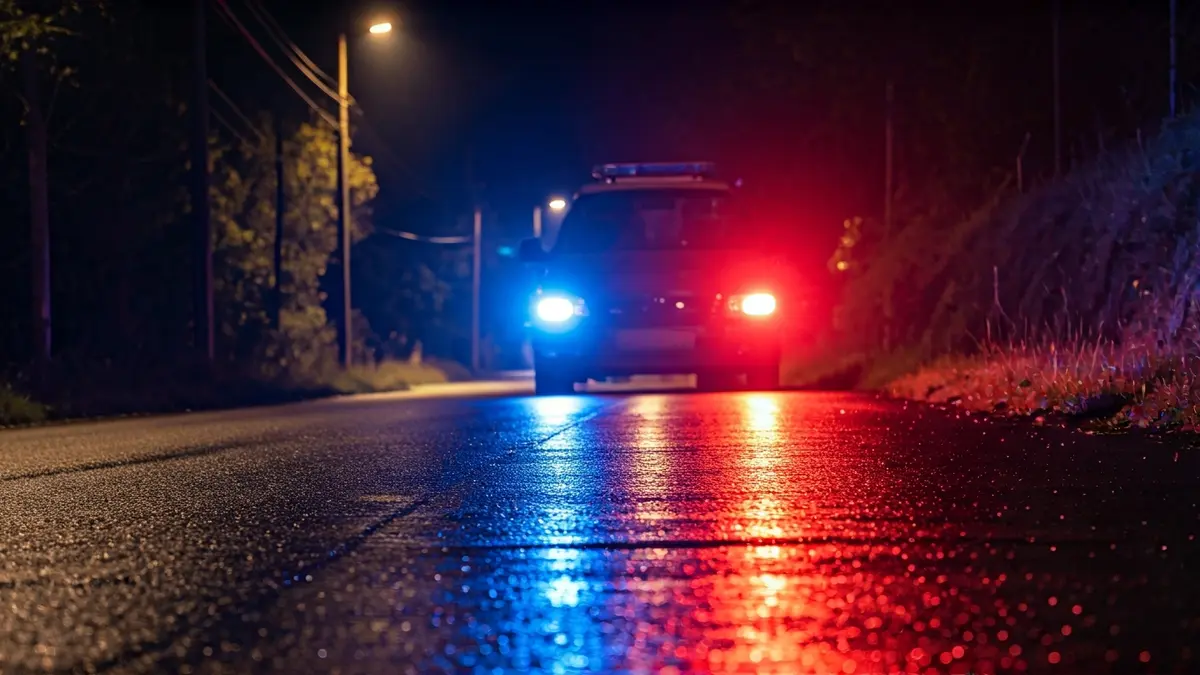 Imaxe xenérica de luces de emerxencia reflectíndose sobre asfalto mollado.