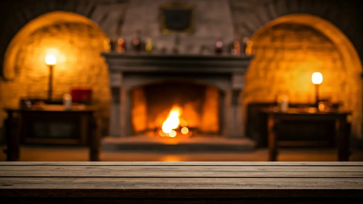 Interior dunha fortaleza medieval con lareira, evocando un evento culinario histórico.