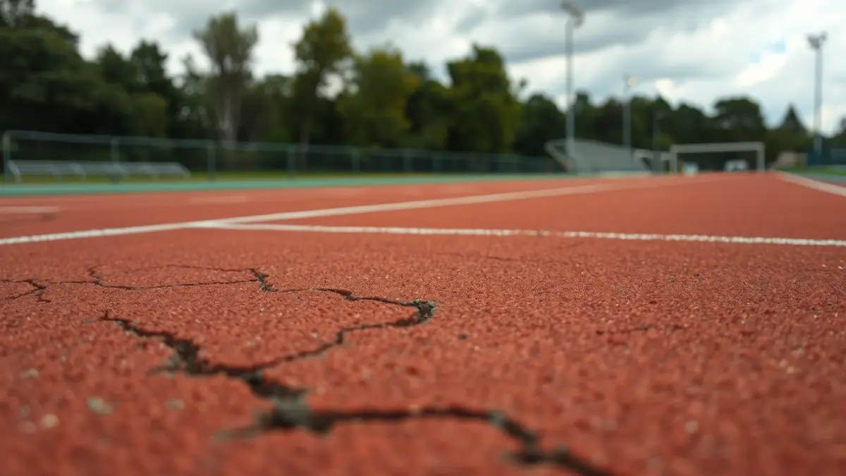 Imaxe dunha pista de atletismo deteriorada, simbolizando o mal estado das instalacións deportivas.
