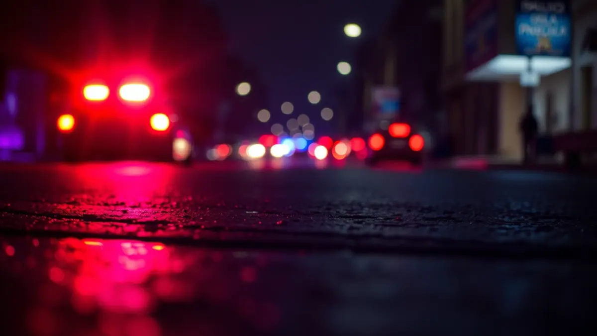 Imagen genérica de luces de emergencia reflejándose sobre asfalto mojado.