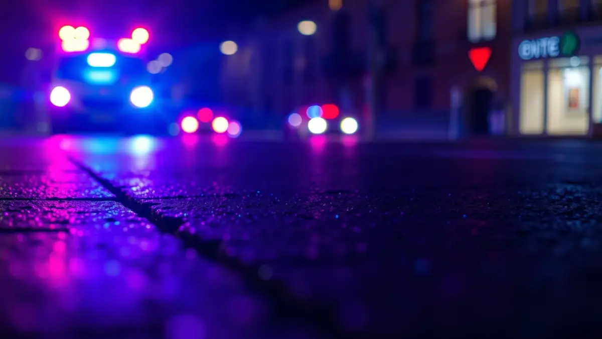 Imaxe xenérica de luces de emerxencia reflectíndose sobre asfalto mollado.