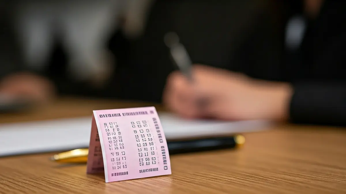 Imaxe xenérica dun boleto de lotería sobre unha mesa de madeira.