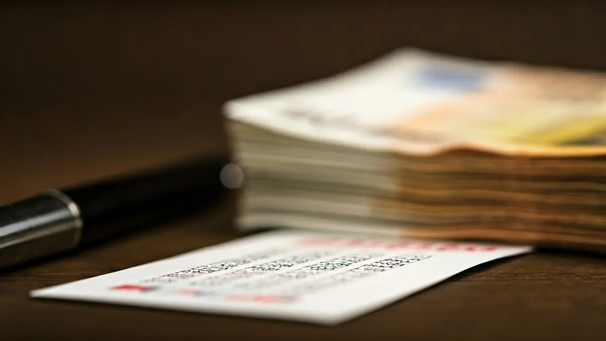 Imaxe dun boleto de lotería con diñeiro ao fondo.